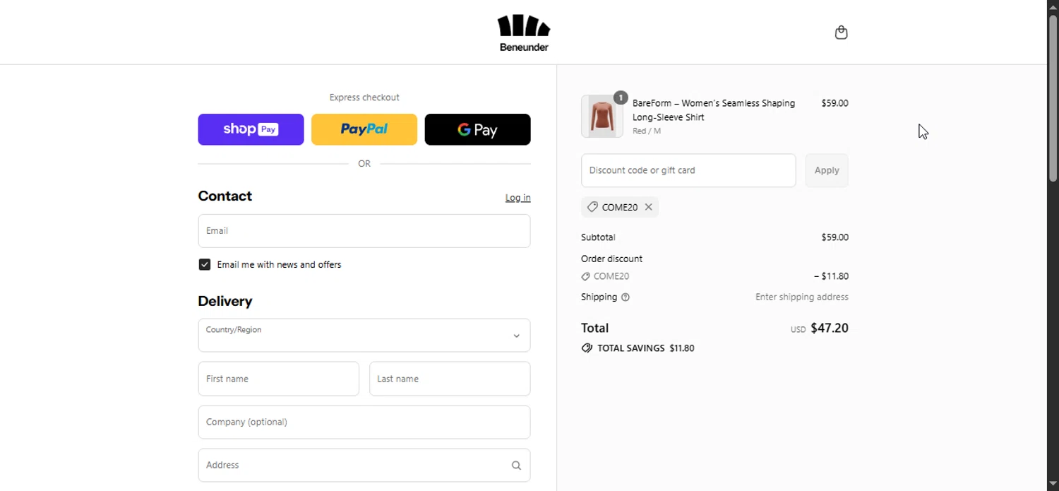 Beneunder coupon code screenshot showing code COME20 applied at Beneunder checkout page. Uploaded by SimplyCodes community member Prospecto on Aug 28, 2025