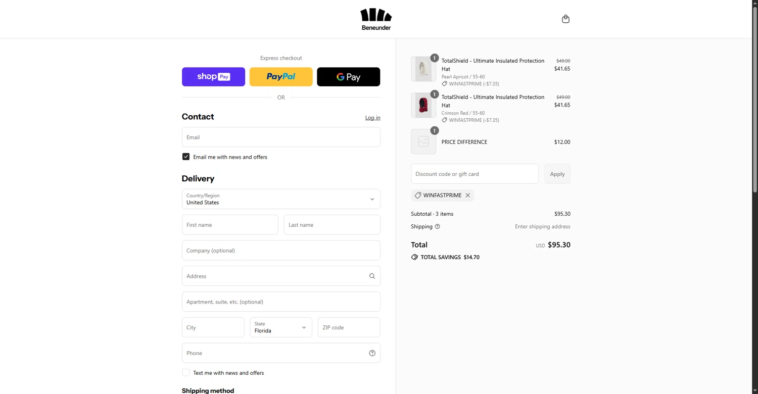 Beneunder coupon code screenshot showing code winfastprime applied at Beneunder checkout page. Uploaded by SimplyCodes community member MateoRioja on Aug 24, 2025
