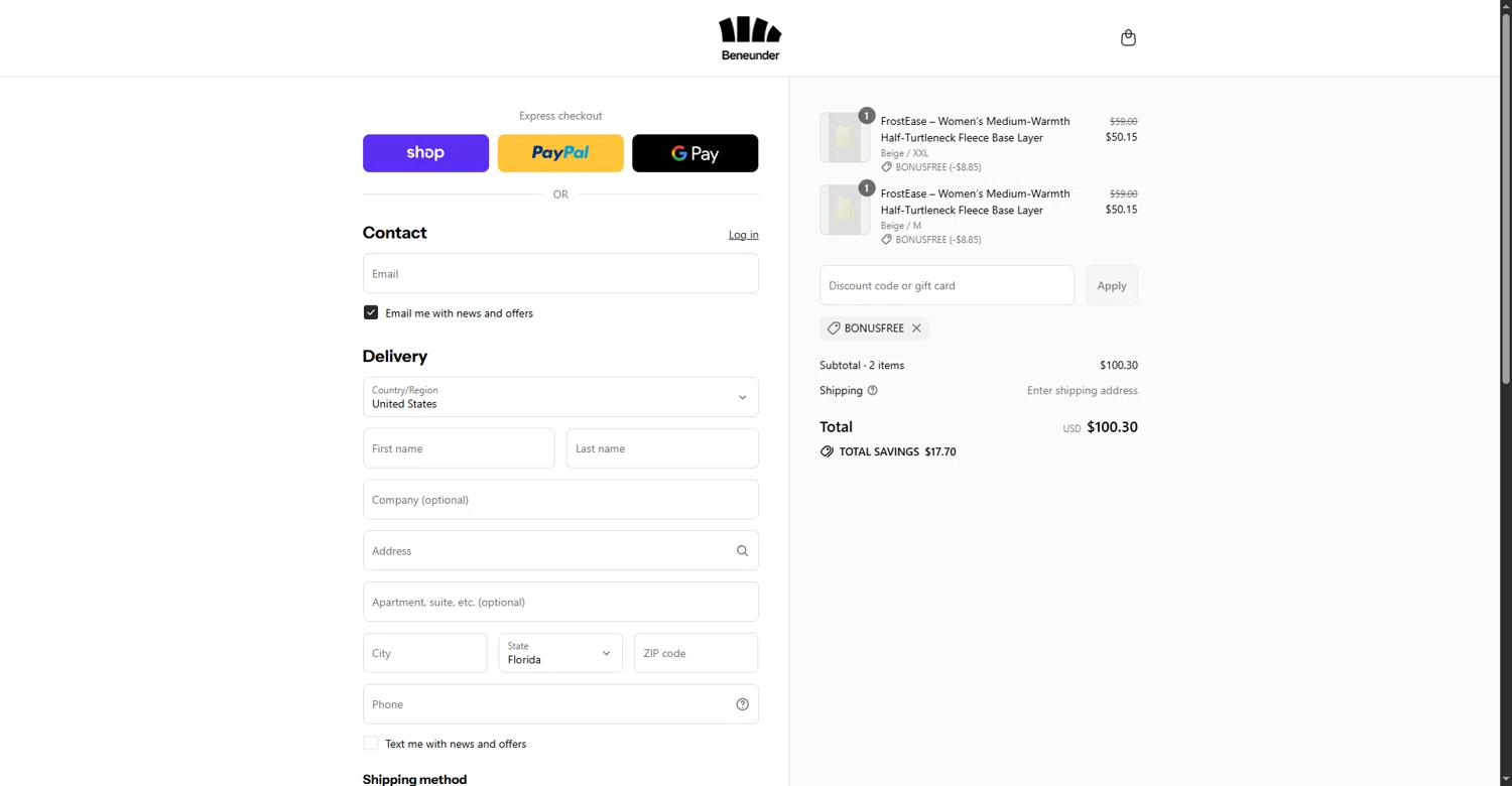 Beneunder coupon code screenshot showing code bonusfree applied at Beneunder checkout page. Uploaded by SimplyCodes community member MateoRioja on Aug 28, 2025