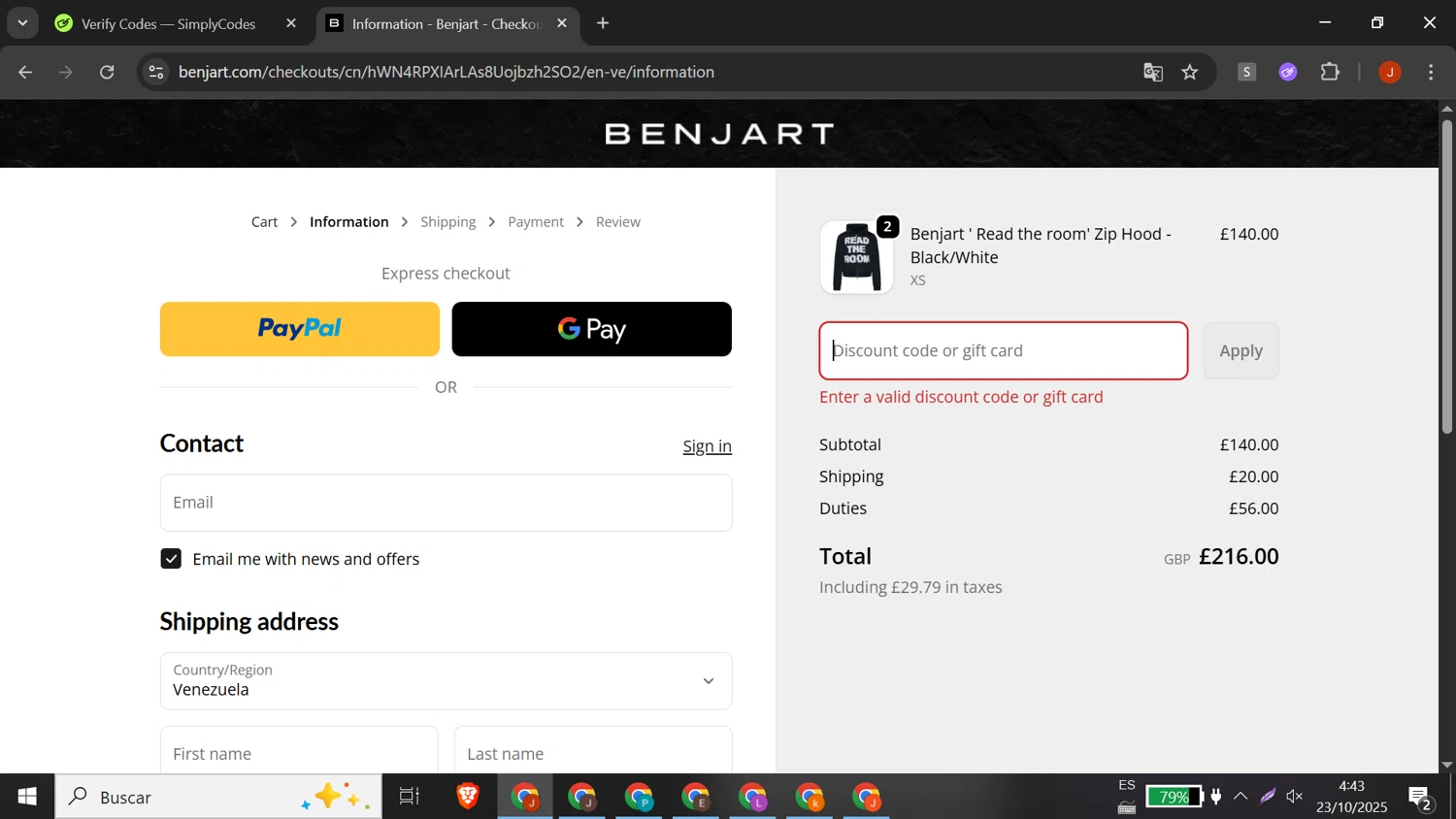 Benjart promo code screenshot showing code FREESHIP29 applied at Benjart checkout page. Uploaded by SimplyCodes community member DORIANGEL on Oct 23, 2025