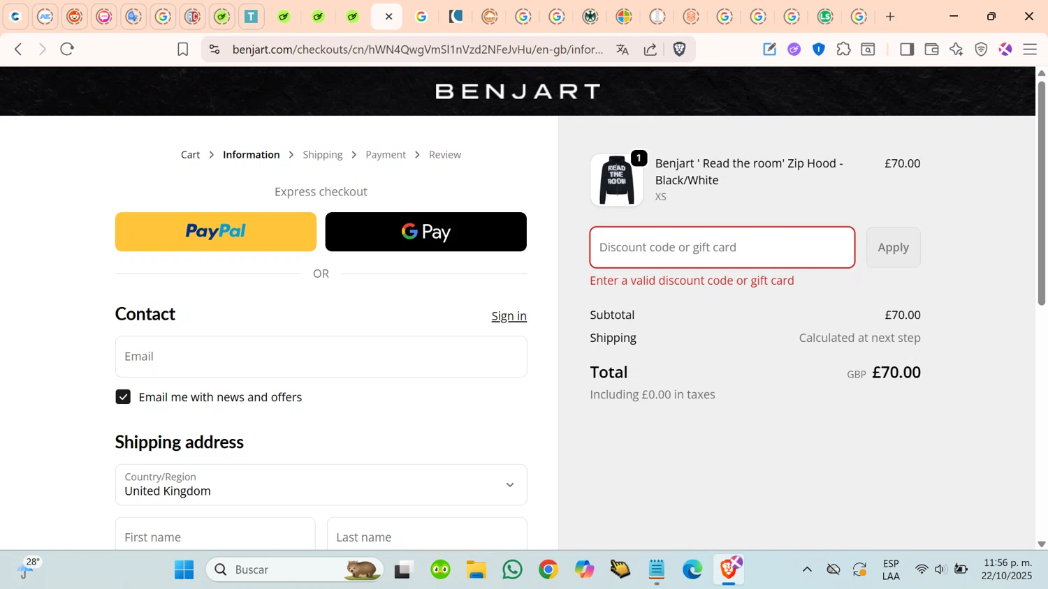 Benjart promo code screenshot showing code FREESHIP29 applied at Benjart checkout page. Uploaded by SimplyCodes community member cosita on Oct 23, 2025