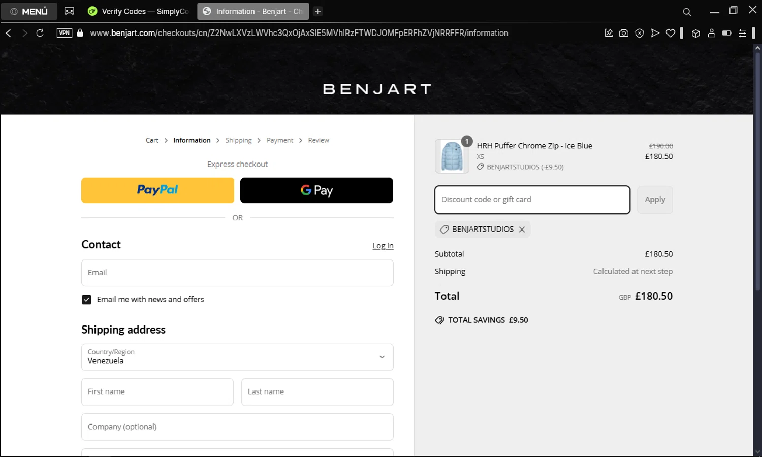 Benjart promo code screenshot showing code BENJARTSTUDIOS applied at Benjart checkout page. Uploaded by SimplyCodes community member BonusDefender4693 on Mar 26, 2025