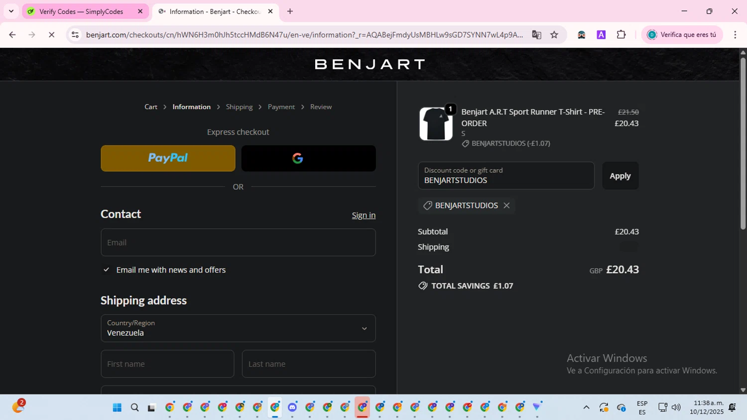 Benjart promo code screenshot showing code BENJARTSTUDIOS applied at Benjart checkout page. Uploaded by SimplyCodes community member ShrewdTracker5871 on Dec 10, 2025