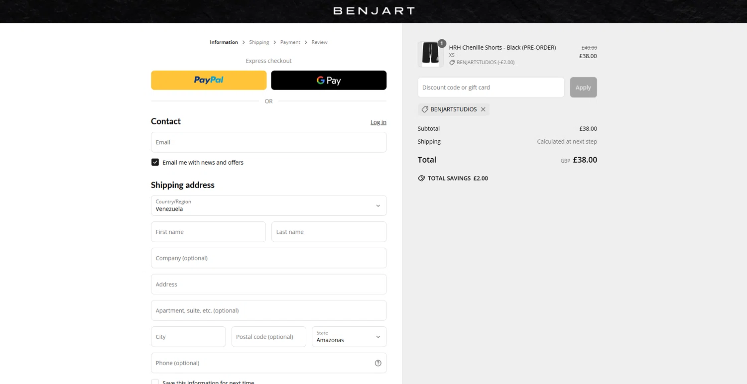 Benjart promo code screenshot showing code BENJARTSTUDIOS applied at Benjart checkout page. Uploaded by SimplyCodes community member WonderGuardian4443 on May 6, 2025