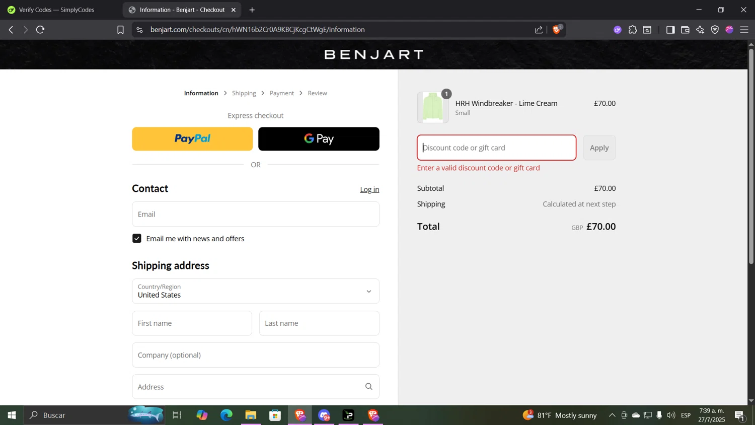 Benjart promo code screenshot showing code VARSITY30 applied at Benjart checkout page. Uploaded by SimplyCodes community member CocuydePenca on Jul 27, 2025