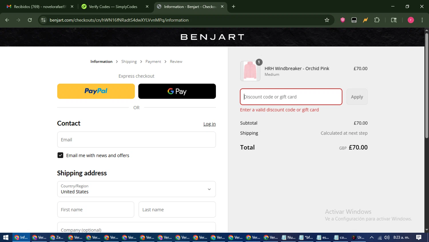 Benjart promo code screenshot showing code VARSITY30 applied at Benjart checkout page. Uploaded by SimplyCodes community member WisePro3739 on Jul 27, 2025