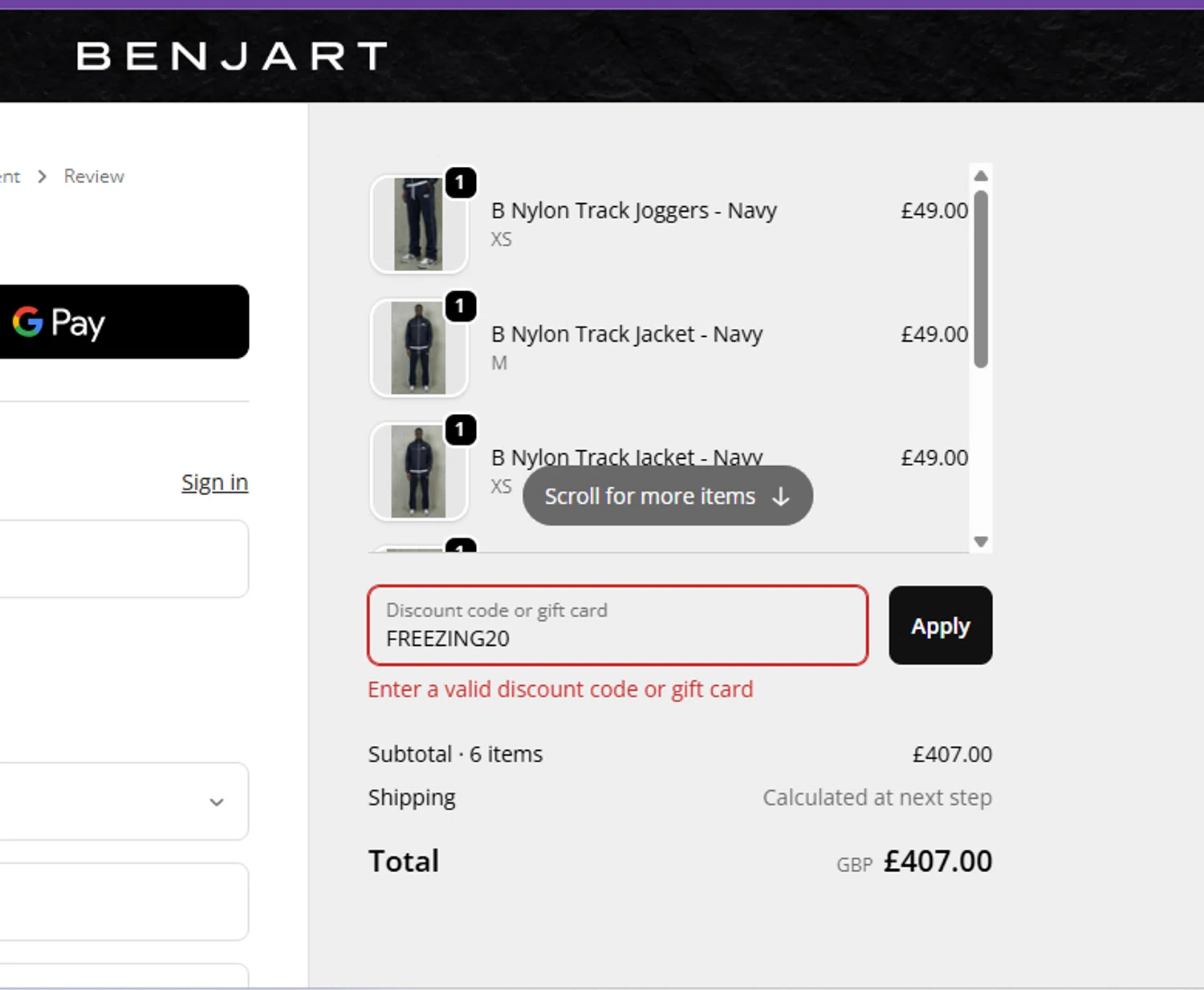 Benjart promo code screenshot showing code FREEZING20 applied at Benjart checkout page. Uploaded by SimplyCodes community member FrugalVirtuoso6318 on Jan 31, 2026