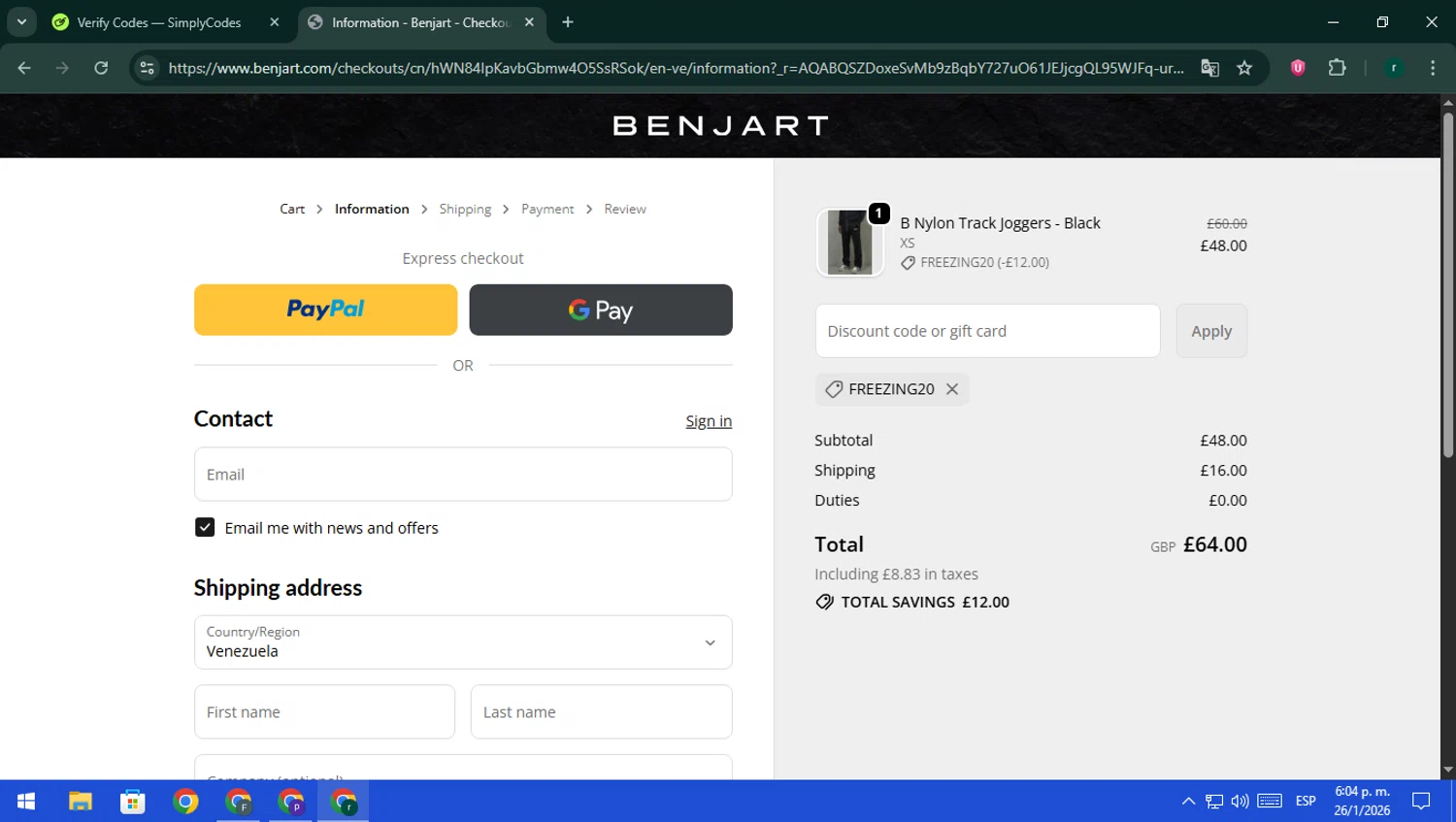 Benjart promo code screenshot showing code FREEZING20 applied at Benjart checkout page. Uploaded by SimplyCodes community member rodri1 on Jan 26, 2026