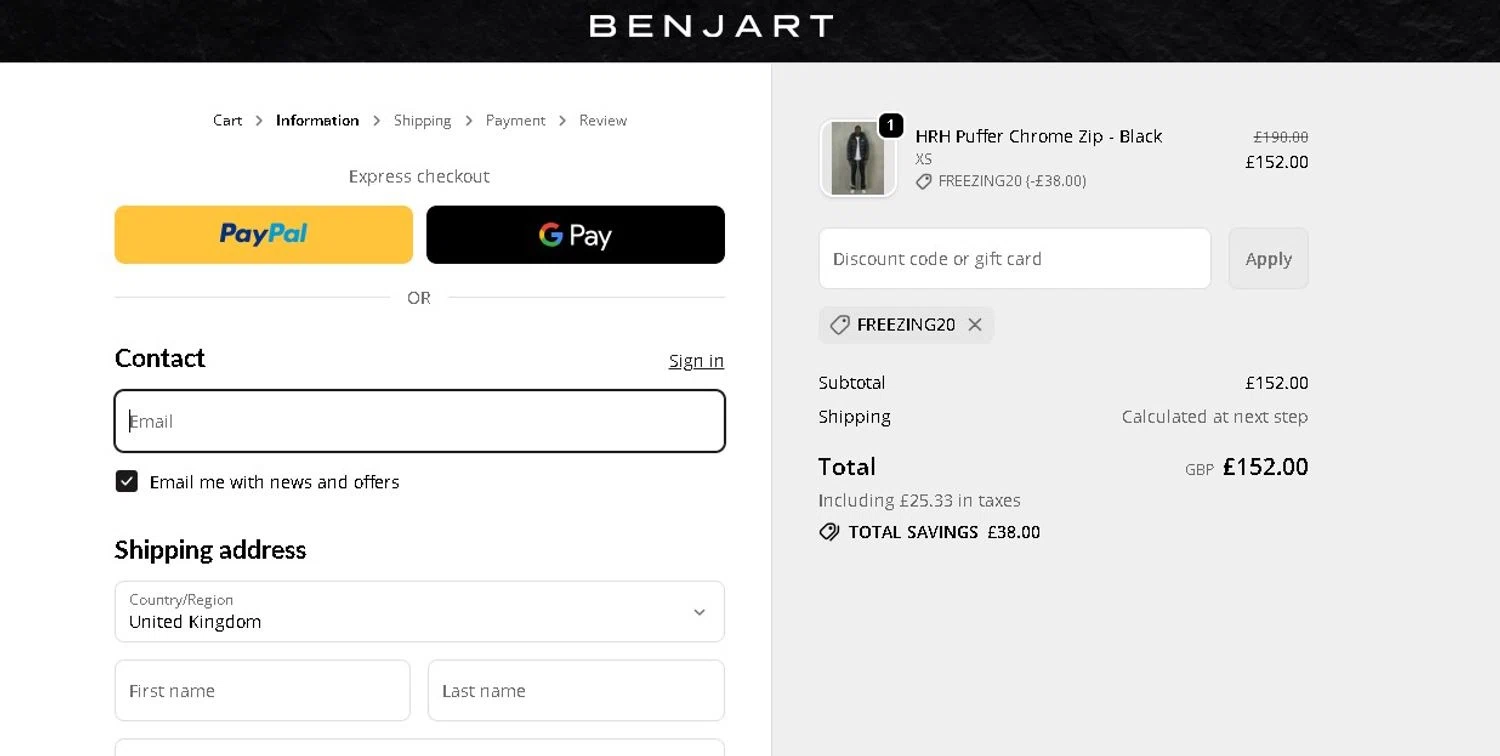 Benjart promo code screenshot showing code FREEZING20 applied at Benjart checkout page. Uploaded by SimplyCodes community member LAMINEJAMAL on Jan 22, 2026