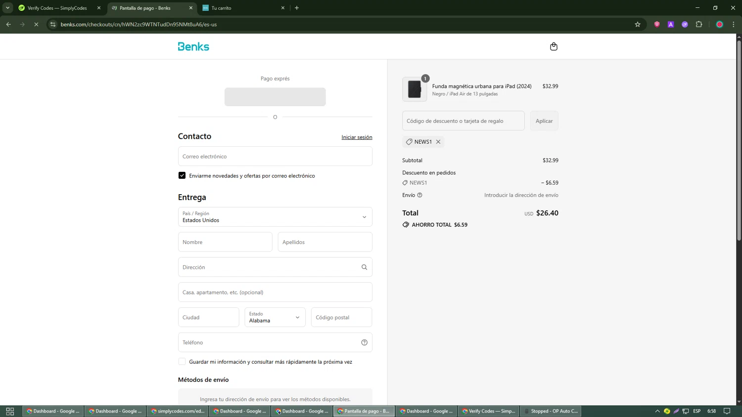 Benks discount code screenshot showing code NEWS1 applied at Benks checkout page. Uploaded by SimplyCodes community member Michael_Brown on Sep 15, 2025