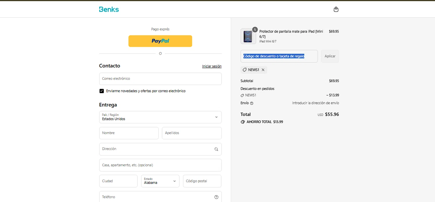 Benks discount code screenshot showing code NEWS1 applied at Benks checkout page. Uploaded by SimplyCodes community member larenacida on Aug 21, 2025