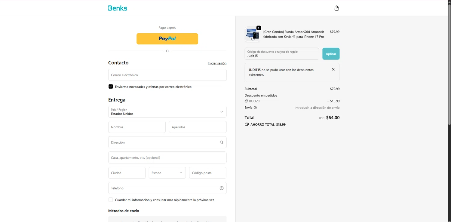 Benks discount code screenshot showing code Judit15 applied at Benks checkout page. Uploaded by SimplyCodes community member FortunateSeeker4672 on Oct 30, 2025