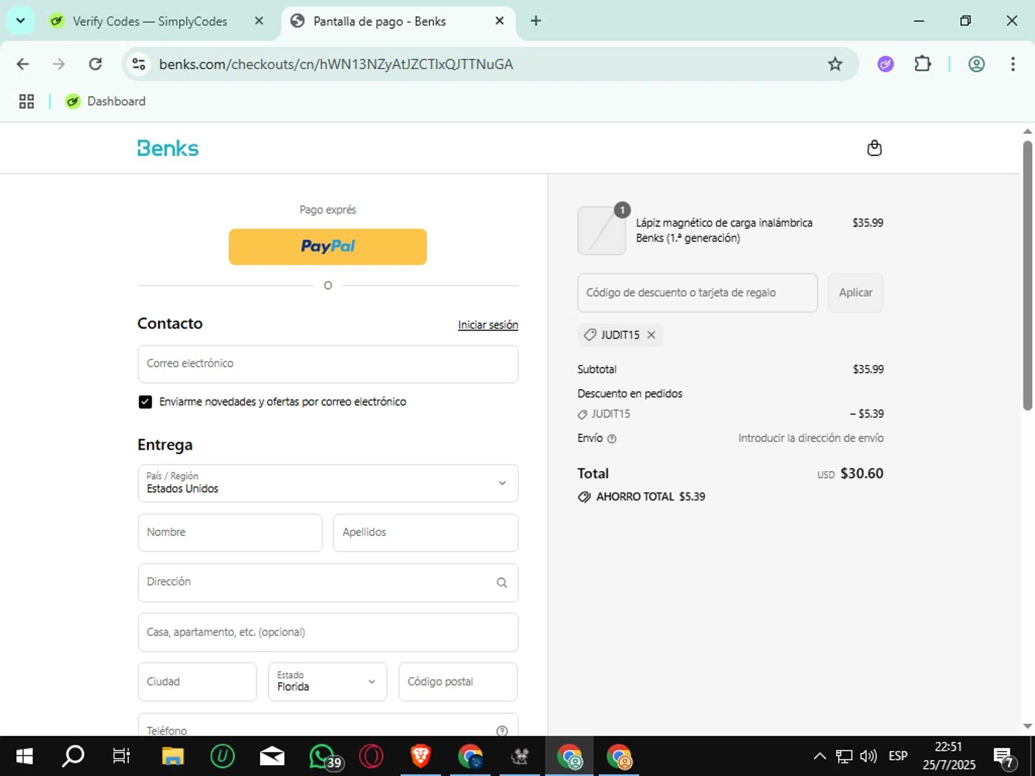 Benks discount code screenshot showing code Judit15 applied at Benks checkout page. Uploaded by SimplyCodes community member rauzzzz on Jul 26, 2025
