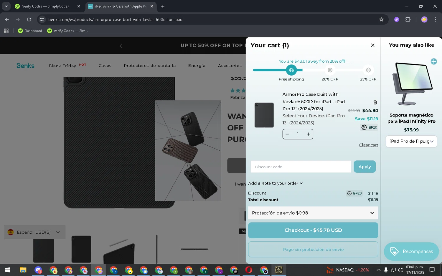 Benks discount code screenshot showing code SLIMOTHYTV15 applied at Benks checkout page. Uploaded by SimplyCodes community member SavingsRanger2502 on Nov 17, 2025