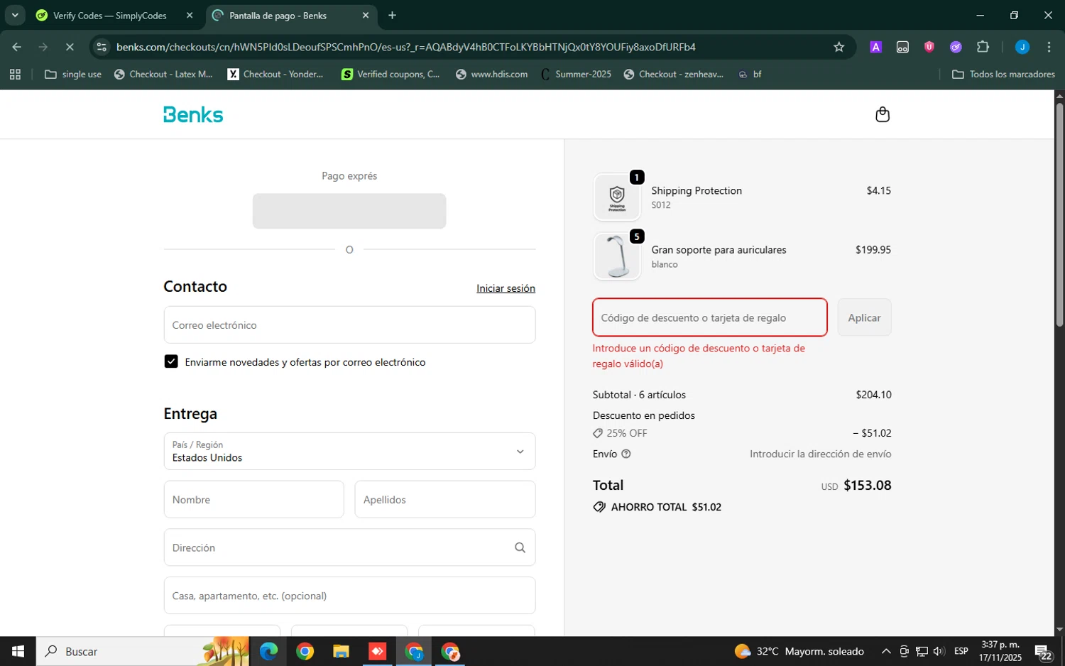 Benks discount code screenshot showing code SLIMOTHYTV15 applied at Benks checkout page. Uploaded by SimplyCodes community member Xemocodes on Nov 17, 2025
