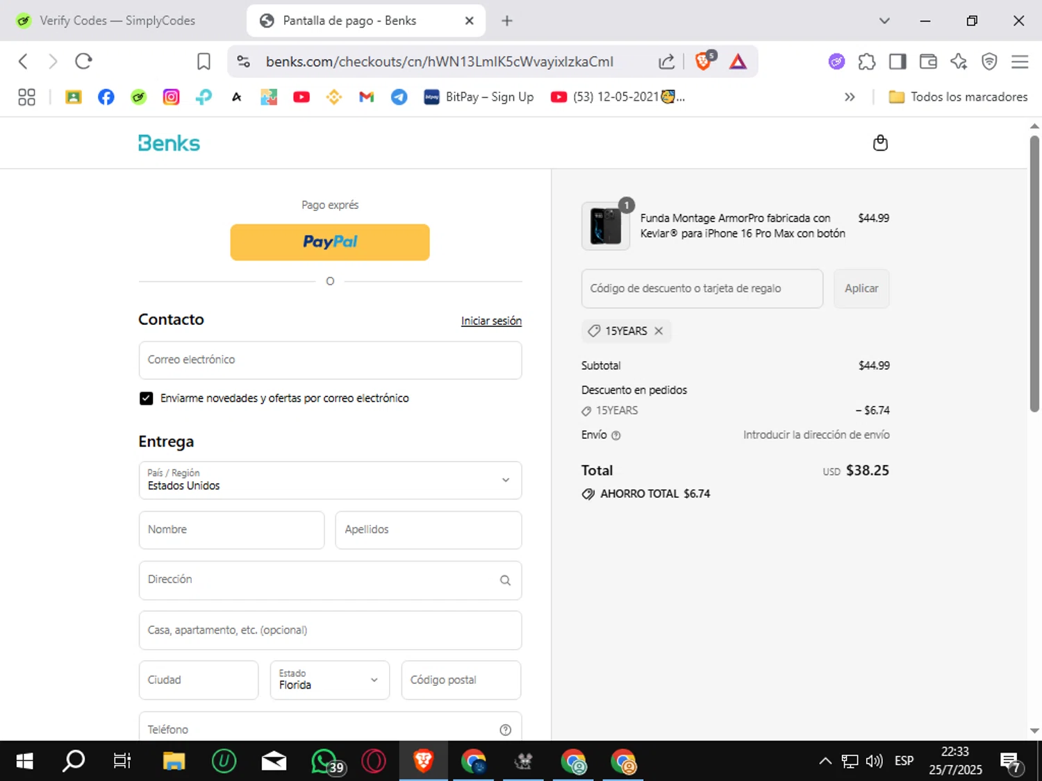 Benks discount code screenshot showing code 15YEARS applied at Benks checkout page. Uploaded by SimplyCodes community member Sungjinwoo on Jul 26, 2025