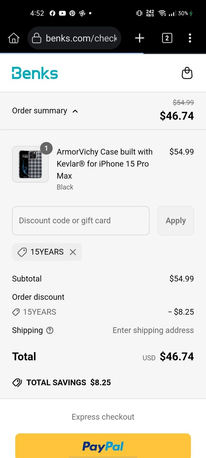 Benks discount code screenshot showing code 15YEARS applied at Benks checkout page. Uploaded by SimplyCodes community member Wonderwoman82 on May 10, 2025