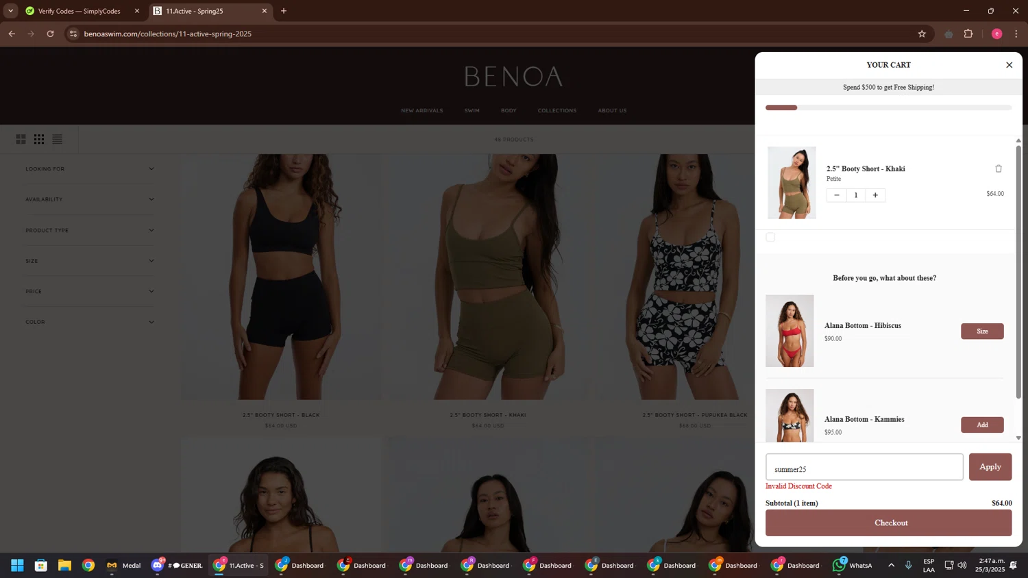 Benoa Swim discount code screenshot showing code summer25 applied at Benoa Swim checkout page. Uploaded by SimplyCodes community member TreasureWarden457 on Mar 25, 2025