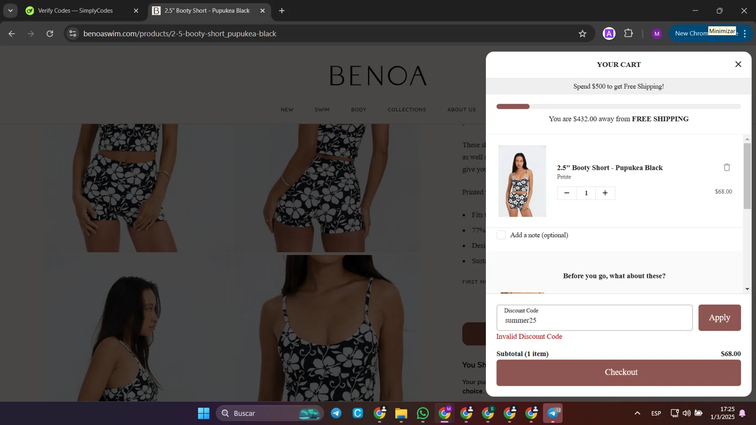 Benoa Swim discount code screenshot showing code summer25 applied at Benoa Swim checkout page. Uploaded by SimplyCodes community member jinwoo on Mar 1, 2025
