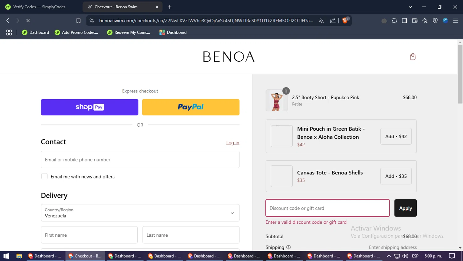 Benoa Swim discount code screenshot showing code summer25 applied at Benoa Swim checkout page. Uploaded by SimplyCodes community member pinpon on Mar 1, 2025