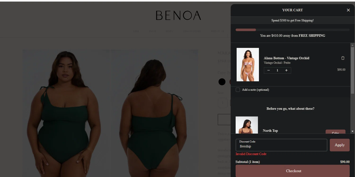 Benoa Swim discount code screenshot showing code freeship applied at Benoa Swim checkout page. Uploaded by SimplyCodes community member Pollofrito on Dec 30, 2024