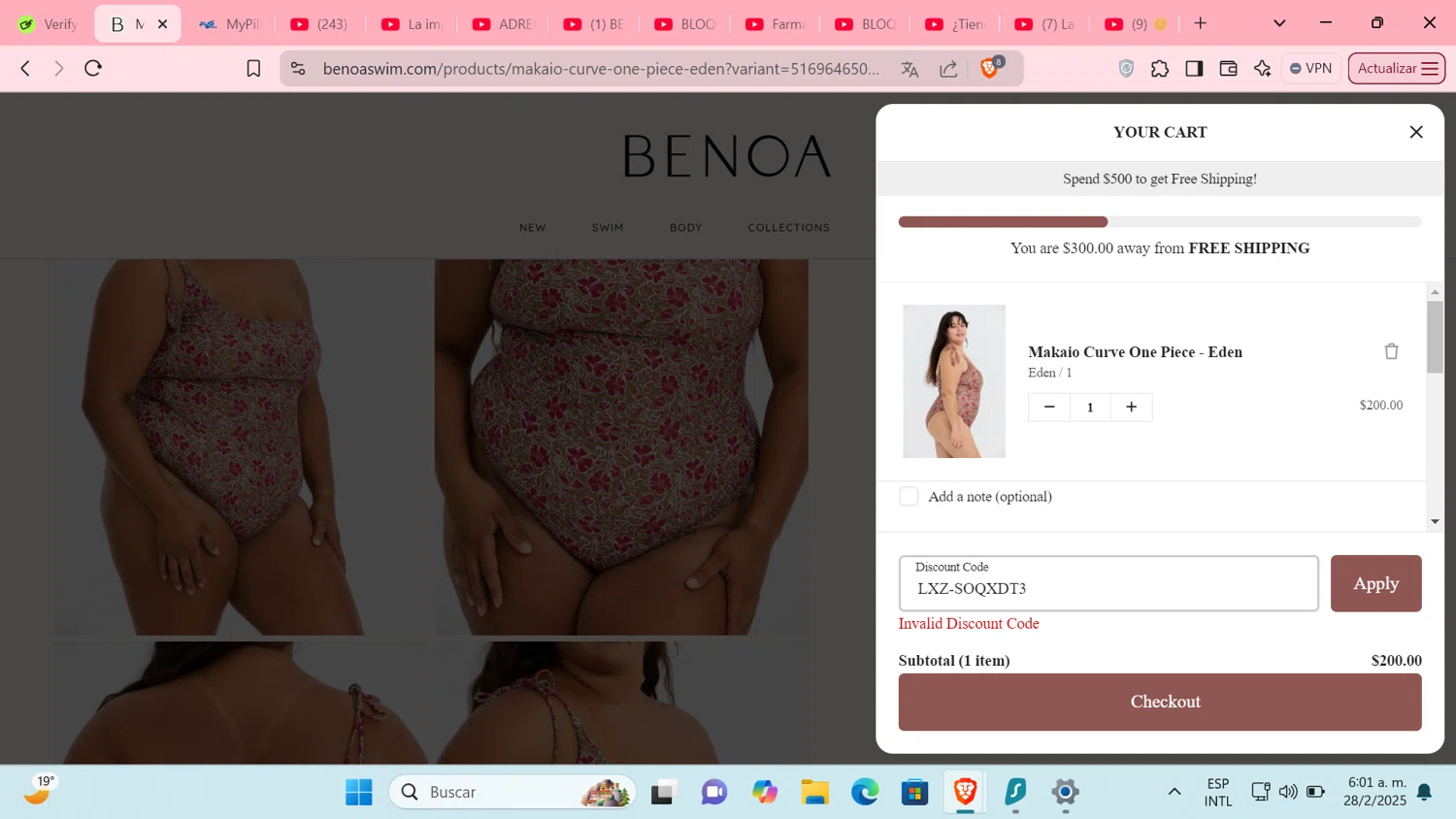 Benoa Swim discount code screenshot showing code LXZ-SOQXDT3 applied at Benoa Swim checkout page. Uploaded by SimplyCodes community member Tratala on Feb 28, 2025