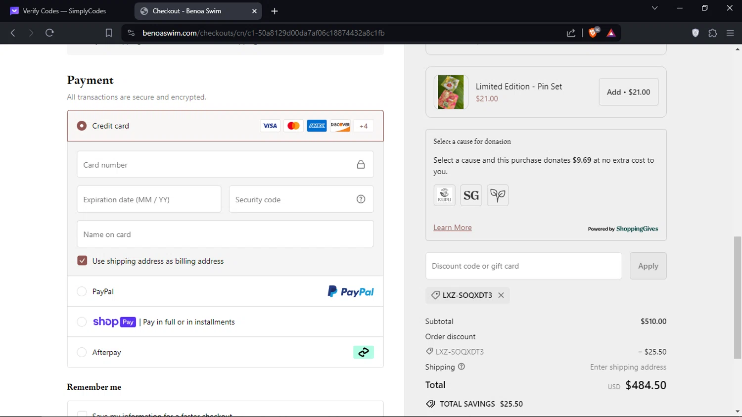 Benoa Swim checkout page showing Benoa Swim discount code box | Screenshot taken by SimplyCodes community member on Mar 6, 2024