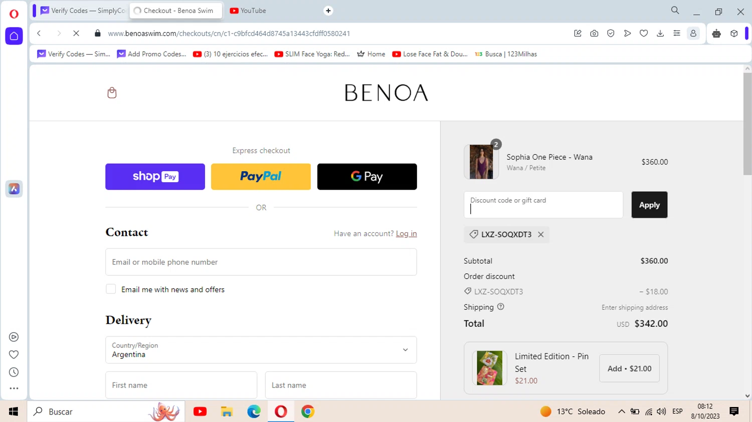 Benoa Swim checkout page showing Benoa Swim discount code box | Screenshot taken by SimplyCodes community member on Oct 8, 2023