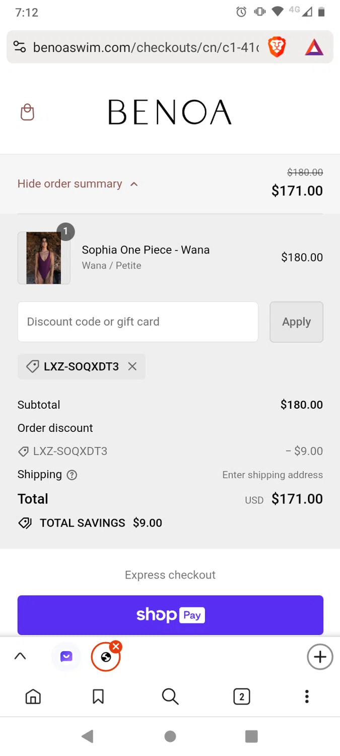 Benoa Swim checkout page showing Benoa Swim discount code box | Screenshot taken by SimplyCodes community member on Jan 8, 2024