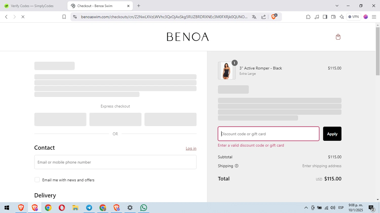 Benoa Swim discount code screenshot showing code LXZ-HHG9H1J applied at Benoa Swim checkout page. Uploaded by SimplyCodes community member anaoee on Jan 11, 2025