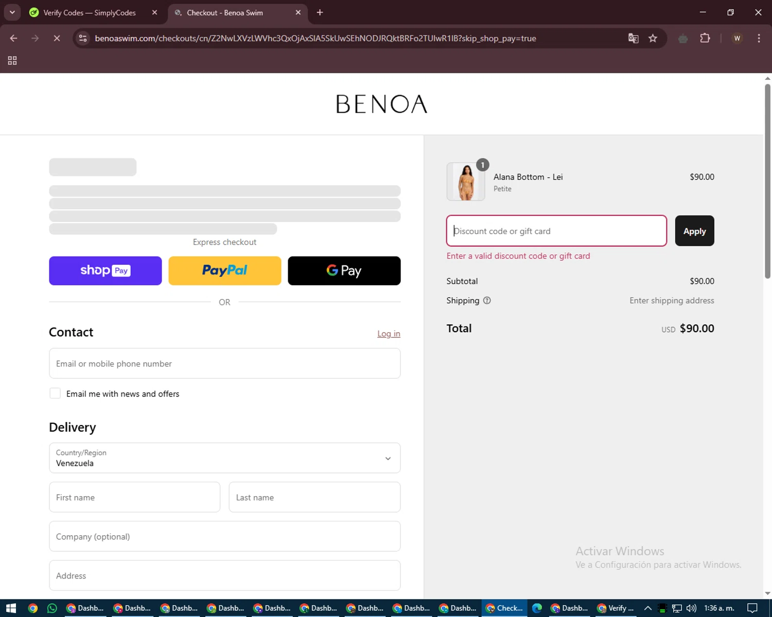 Benoa Swim discount code screenshot showing code LXZ-HHG9H1J applied at Benoa Swim checkout page. Uploaded by SimplyCodes community member DealMaestro2101 on Mar 14, 2025