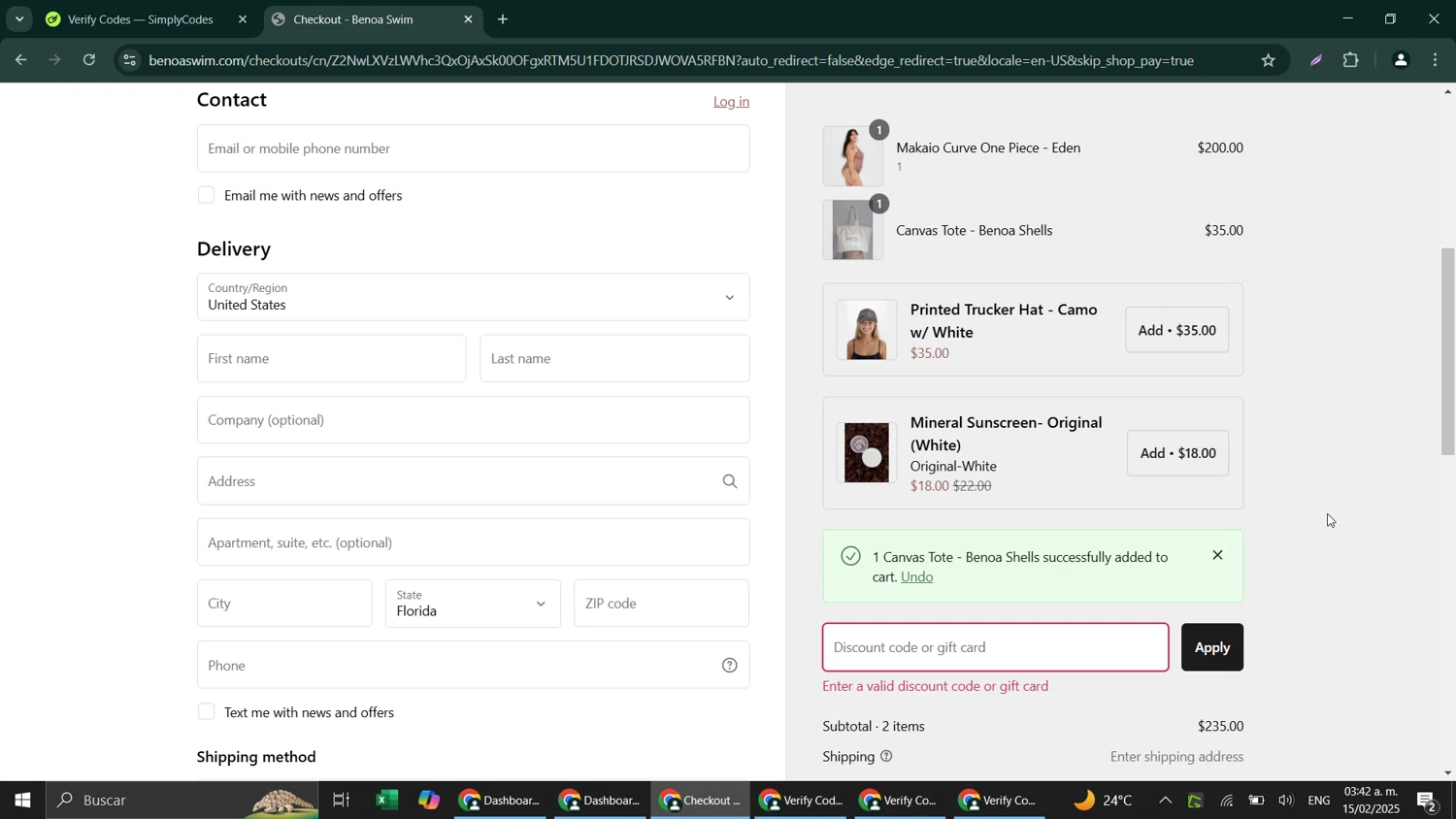 Benoa Swim discount code screenshot showing code LXZ-HHG9H1J applied at Benoa Swim checkout page. Uploaded by SimplyCodes community member GoldChaser6627 on Feb 15, 2025