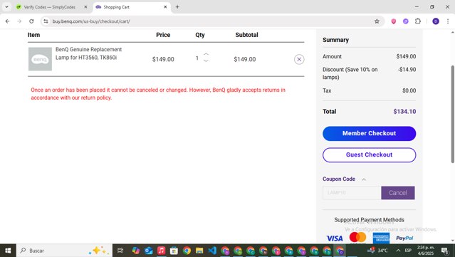 BenQ checkout page showing BenQ coupon code box | Screenshot taken by SimplyCodes community member on Jun 4, 2025