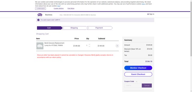 BenQ checkout page showing BenQ coupon code box | Screenshot taken by SimplyCodes community member on May 29, 2025