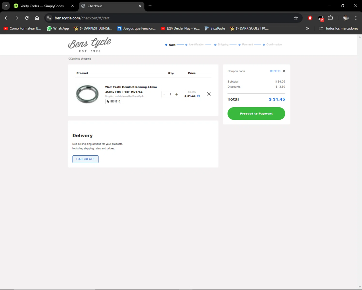Ben's Cycle checkout page showing Ben's Cycle promo code box | Screenshot taken by SimplyCodes community member on Oct 14, 2024