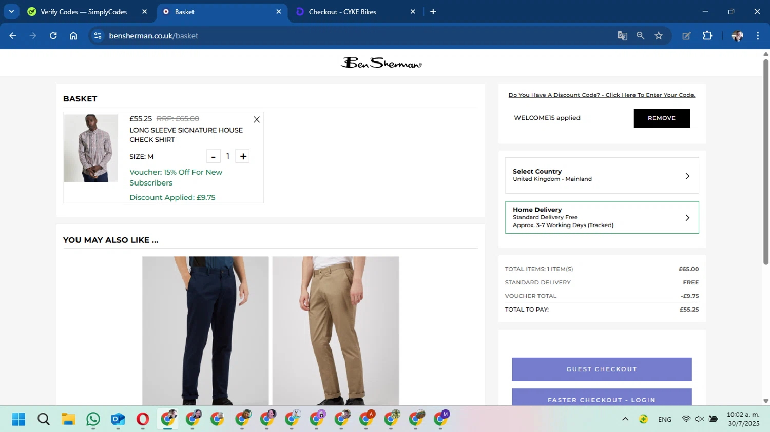Ben Sherman coupon code screenshot showing code WELCOME15 applied at Ben Sherman checkout page. Uploaded by SimplyCodes community member DavidMGF on Jul 30, 2025