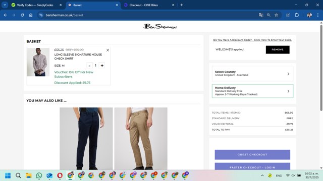Ben Sherman checkout page showing Ben Sherman coupon code box | Screenshot taken by SimplyCodes community member on Jul 30, 2025