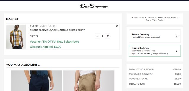 Ben Sherman checkout page showing Ben Sherman coupon code box | Screenshot taken by SimplyCodes community member on Jun 3, 2025