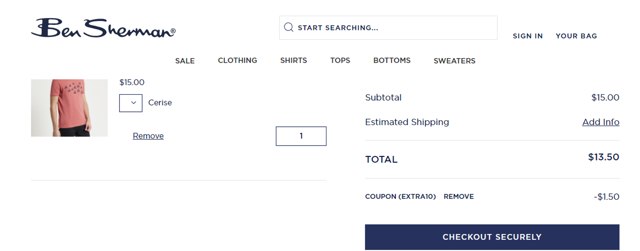 Ben Sherman checkout page showing Ben Sherman coupon code box | Screenshot taken by SimplyCodes community member on Jul 28, 2025