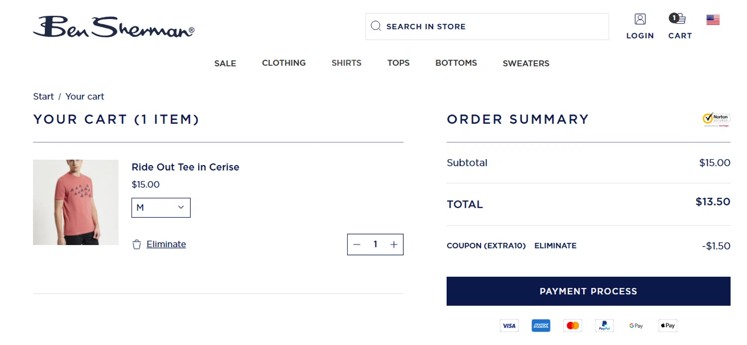 Ben Sherman coupon code screenshot showing code extra10 applied at Ben Sherman checkout page. Uploaded by SimplyCodes community member Biden0442069257555 on Jul 28, 2025