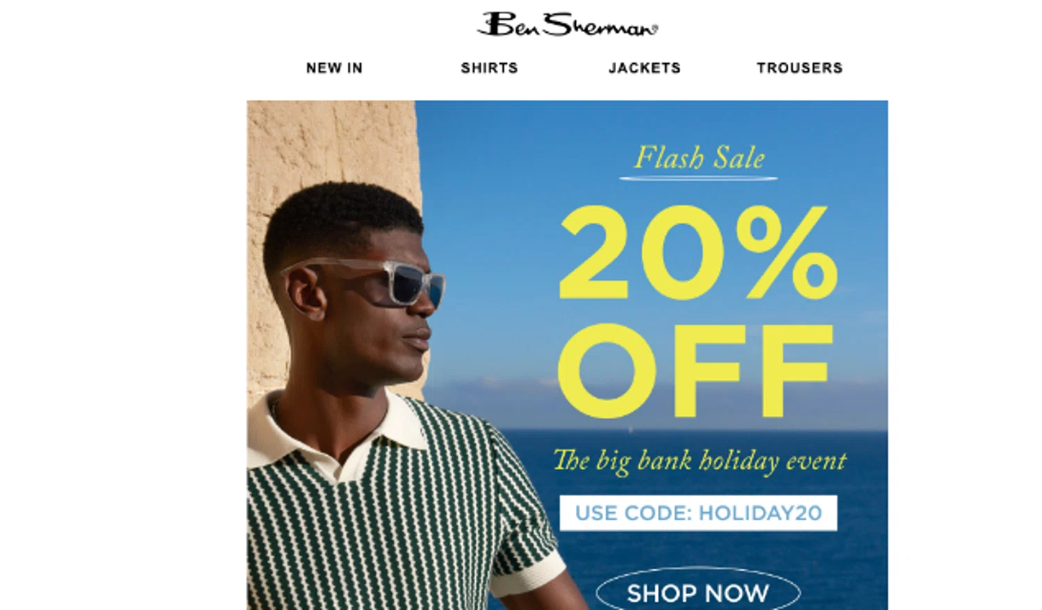 Ben Sherman coupon code screenshot showing code HOLIDAY20 applied at Ben Sherman checkout page. Uploaded by SimplyCodes community member ELOIN777 on Aug 21, 2025