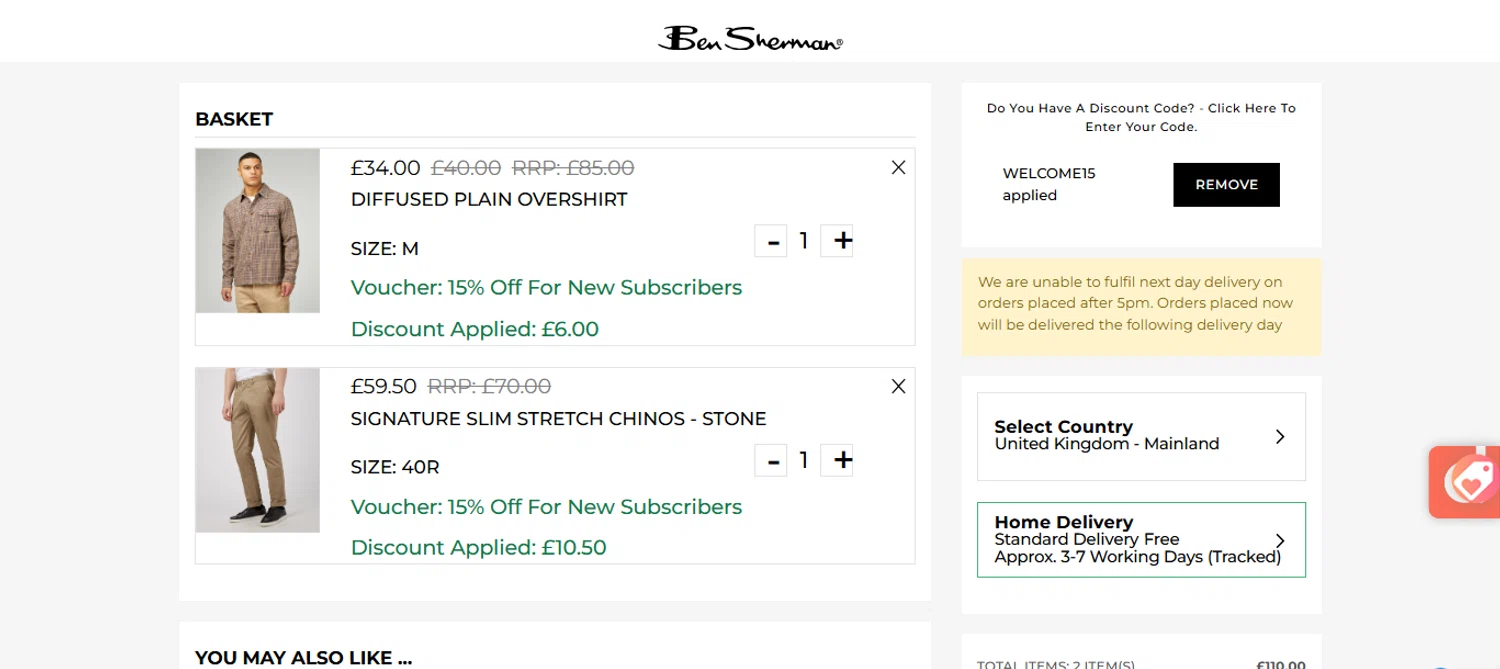 Ben Sherman coupon code screenshot showing code WELCOME15 applied at Ben Sherman checkout page. Uploaded by SimplyCodes community member ESTHER3121 on Jun 26, 2025