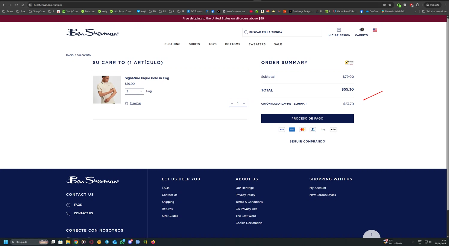 Ben Sherman coupon code screenshot showing code LABORDAY30 applied at Ben Sherman checkout page. Uploaded by SimplyCodes community member UnkNownVnzla on Aug 29, 2025