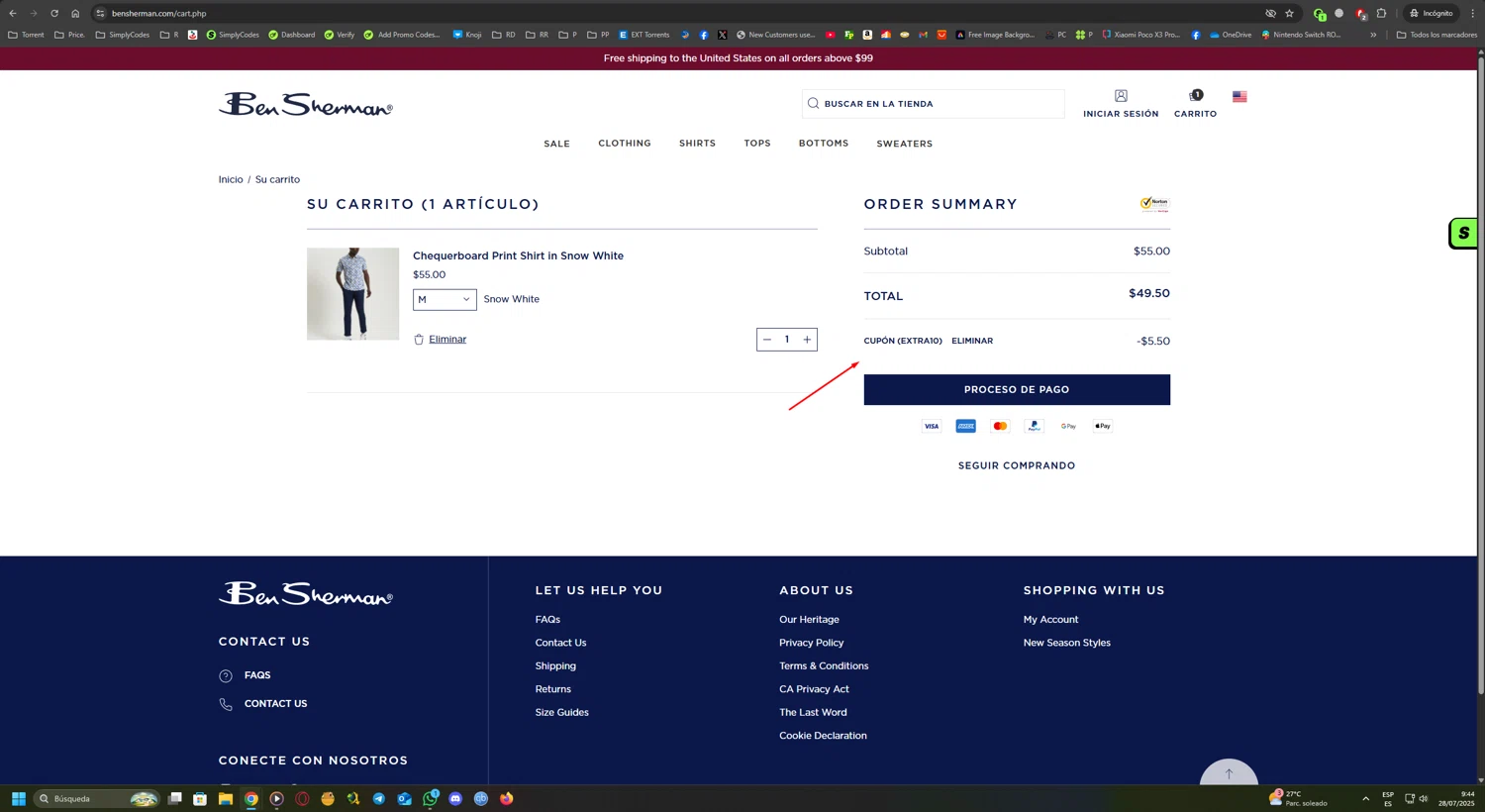 Ben Sherman coupon code screenshot showing code EXTRA10 applied at Ben Sherman checkout page. Uploaded by SimplyCodes community member UnkNownVnzla on Jul 28, 2025