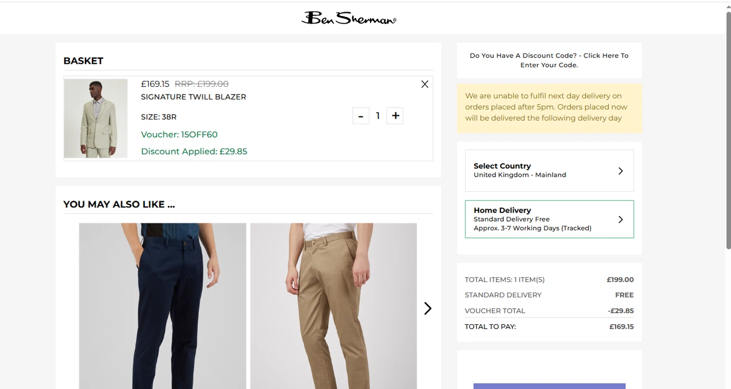 Ben Sherman coupon code screenshot showing code 15off60 applied at Ben Sherman checkout page. Uploaded by SimplyCodes community member reimalave10 on Jul 16, 2025