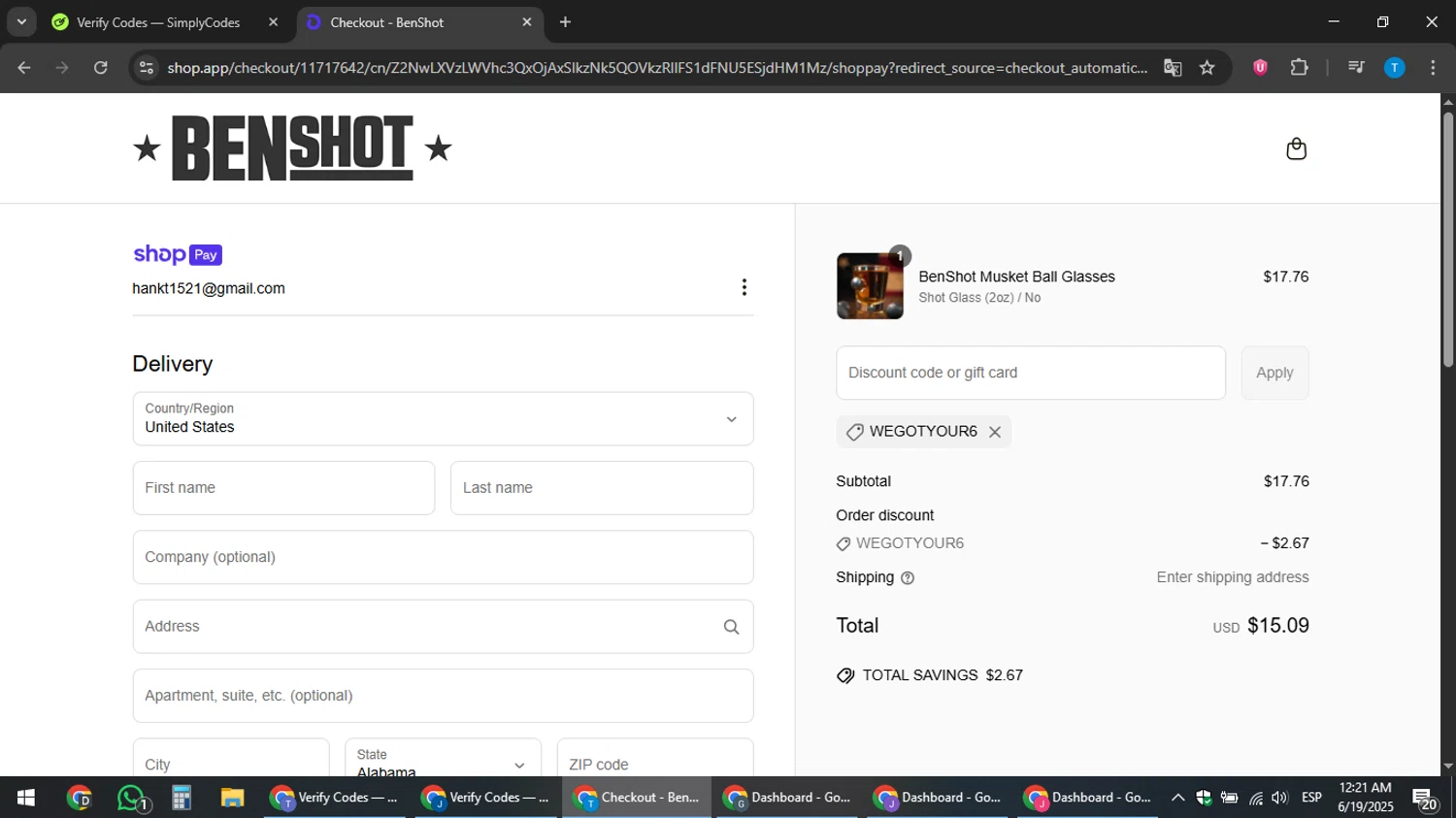 BenShot discount code screenshot showing code WEGOTYOUR6 applied at BenShot checkout page. Uploaded by SimplyCodes community member hankt1521 on Jun 19, 2025