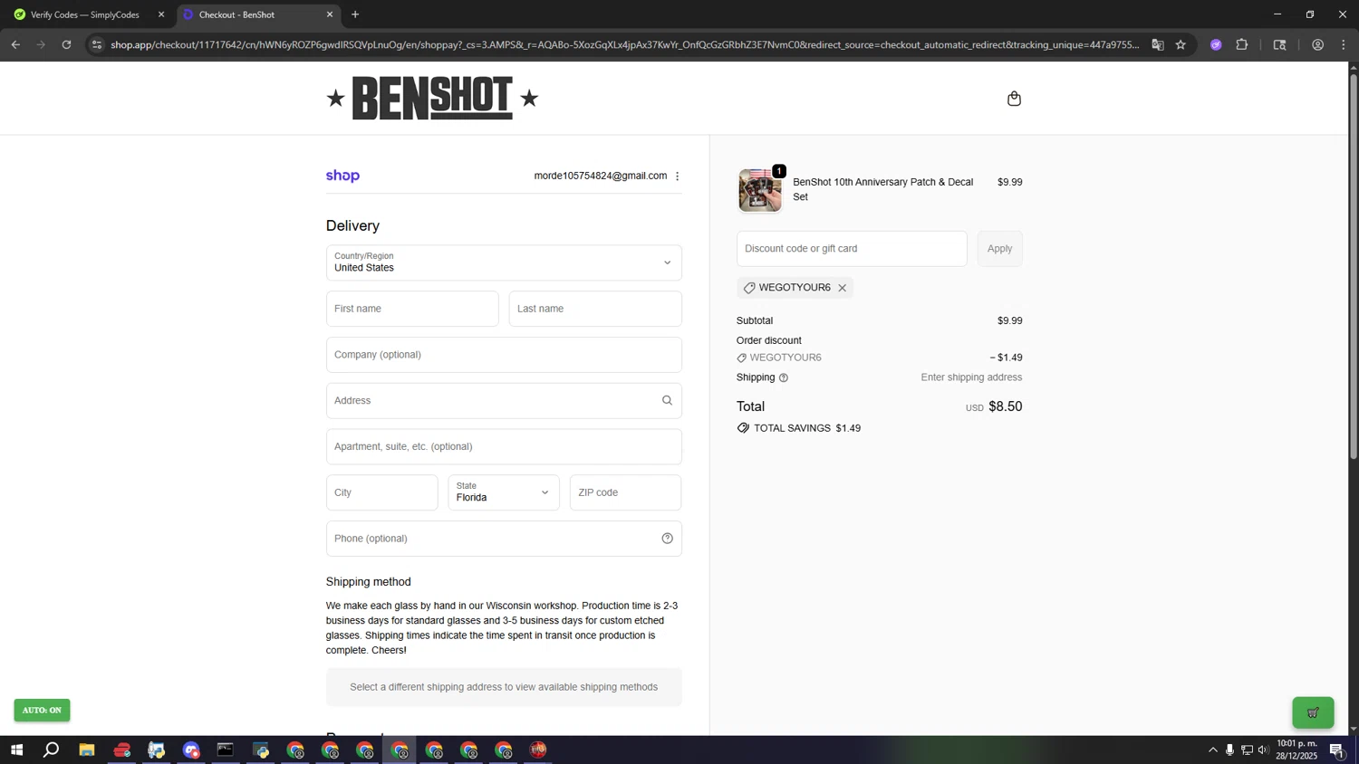 BenShot discount code screenshot showing code WEGOTYOUR6 applied at BenShot checkout page. Uploaded by SimplyCodes community member gggggggggggggggggggggg on Dec 29, 2025