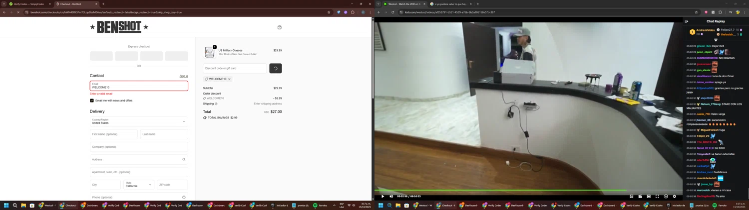 BenShot discount code screenshot showing code WELCOME10 applied at BenShot checkout page. Uploaded by SimplyCodes community member GloriousPioneer2942 on Oct 15, 2025