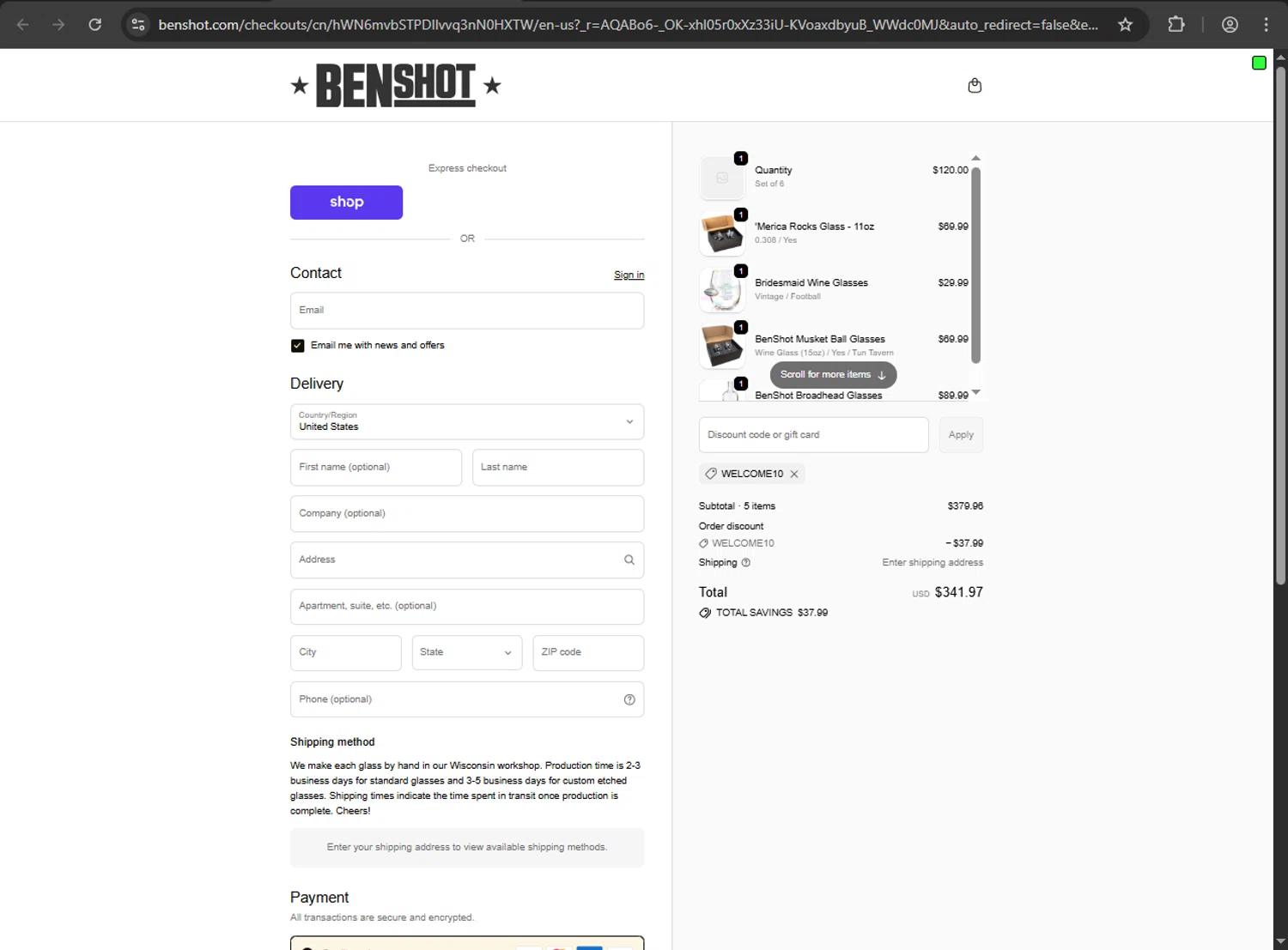 BenShot discount code screenshot showing code WELCOME10 applied at BenShot checkout page. Uploaded by SimplyCodes community member MRDEAL on Dec 24, 2025