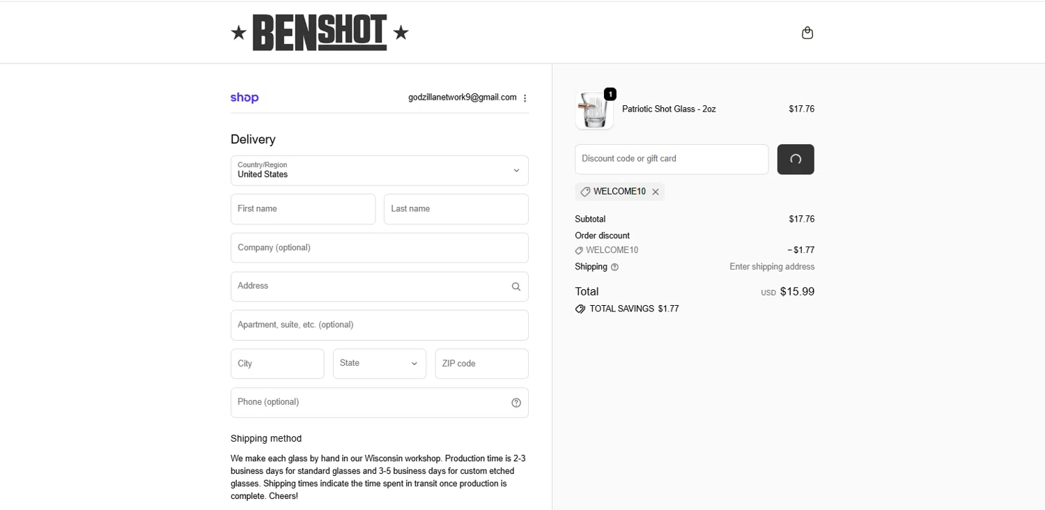BenShot discount code screenshot showing code WELCOME10 applied at BenShot checkout page. Uploaded by SimplyCodes community member dimitriv on Dec 29, 2025